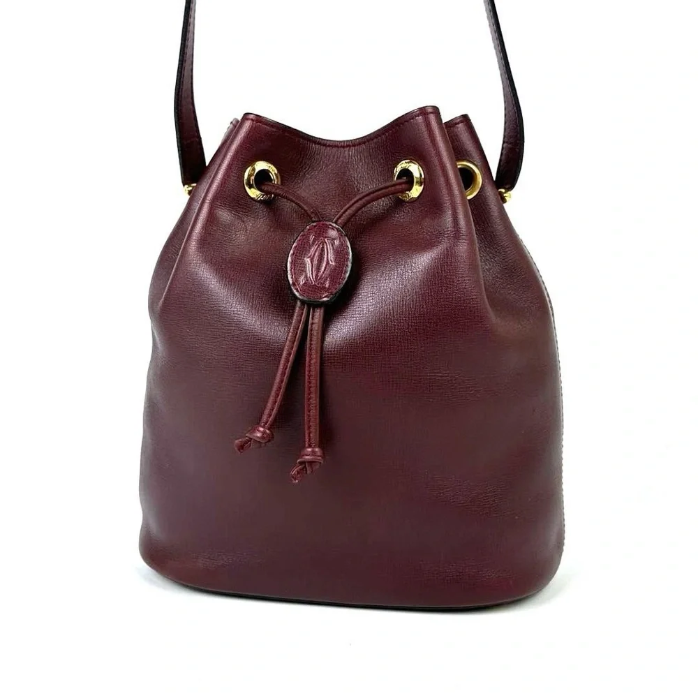 CARTIER Ox Blood Burgundy Rouge Leather Drawstring Bucket Bag -VINTAGE OLD MONEY - Picture 8 of 8